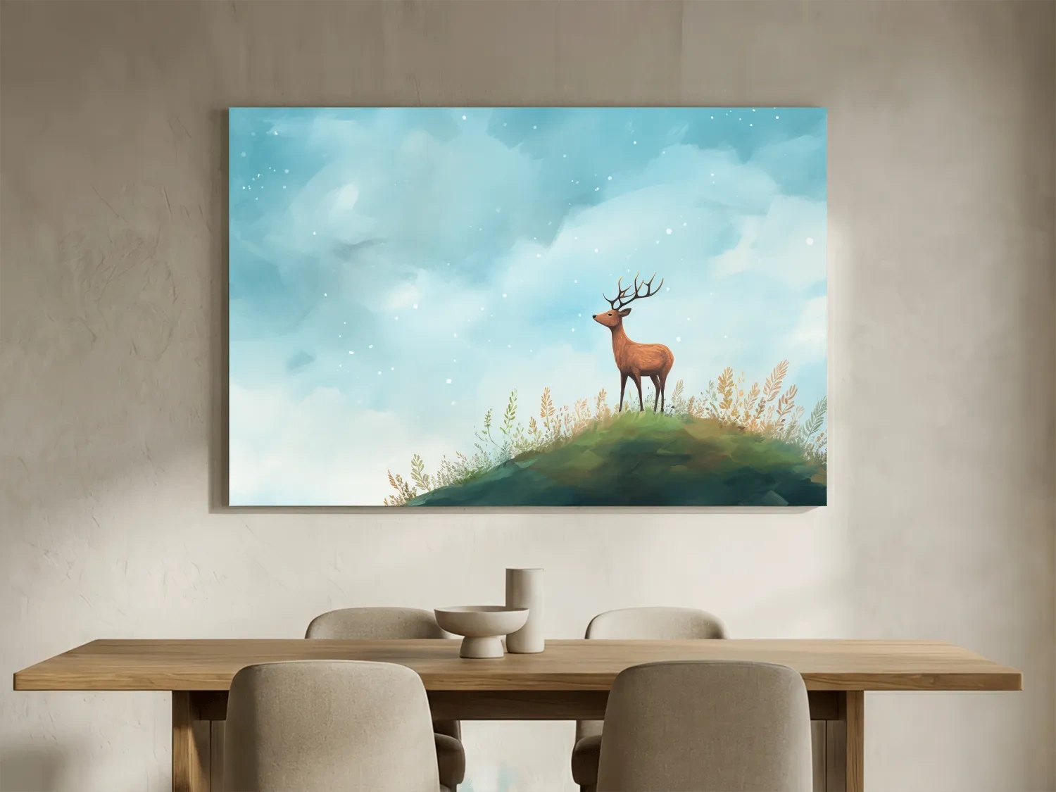 Whimsical Watercolor Stag On Meadow Hill - Nursery Woodland Wildlife Wall Art