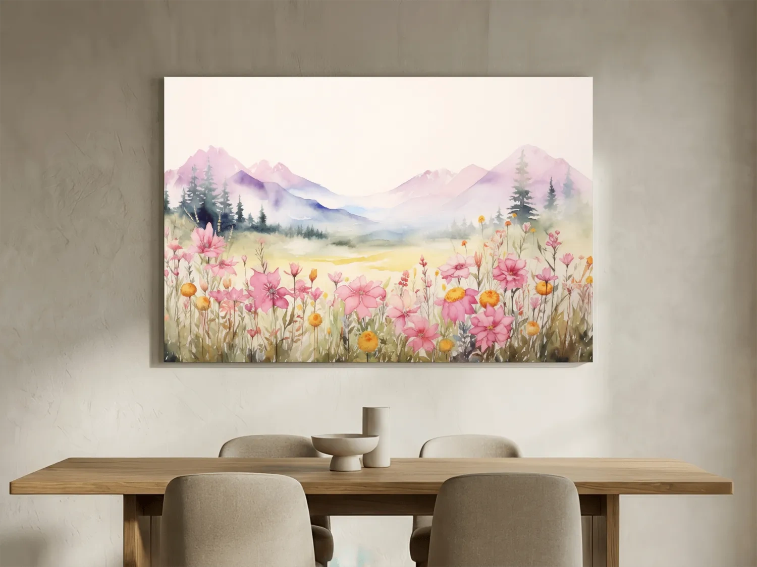 Pastel Wildflower Meadow Mountains Watercolor - Serene Alpine Wall Art