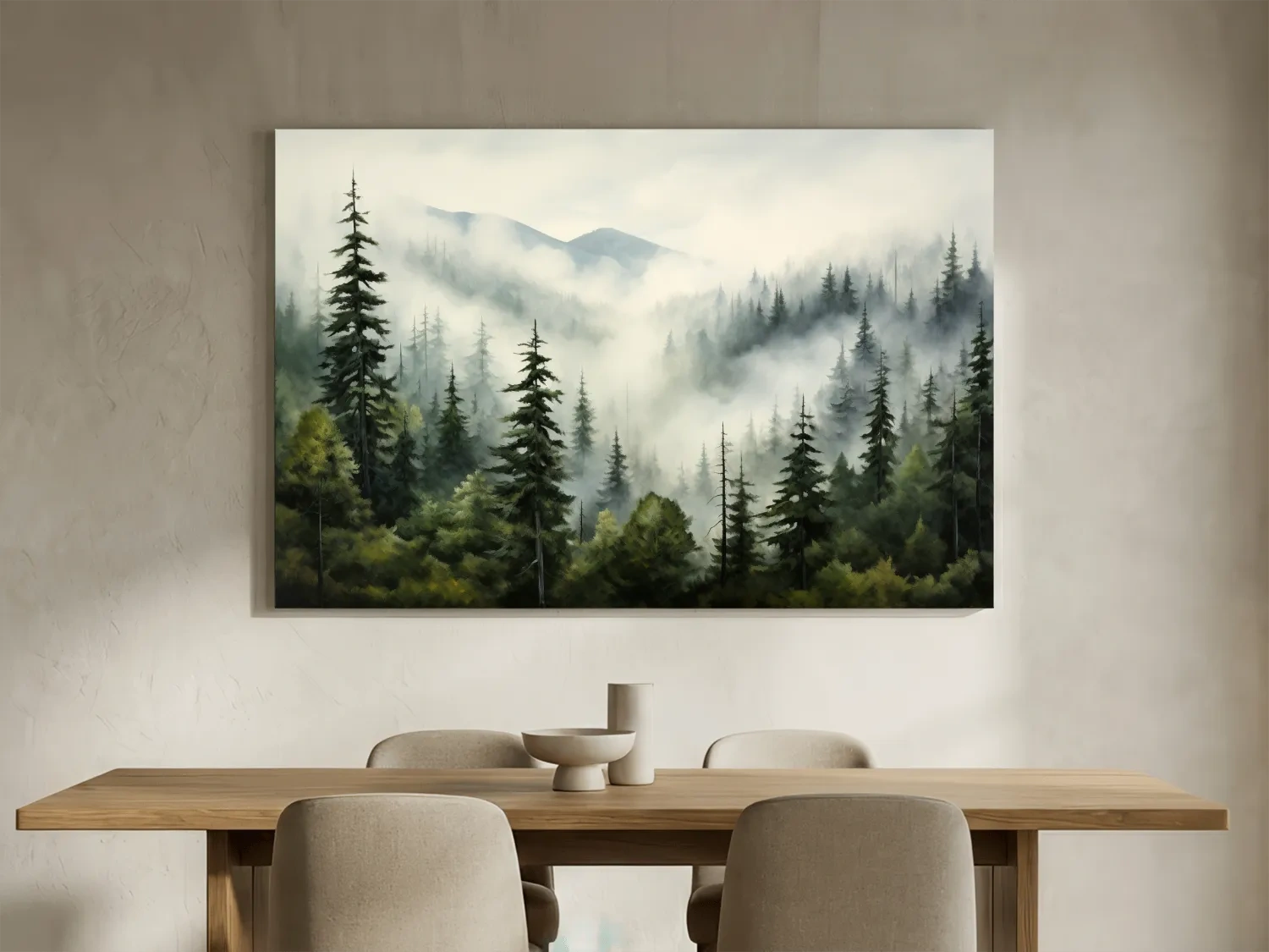 Foggy Alpine Mountain Forest Painting - Moody Watercolor Landscape Wall Art