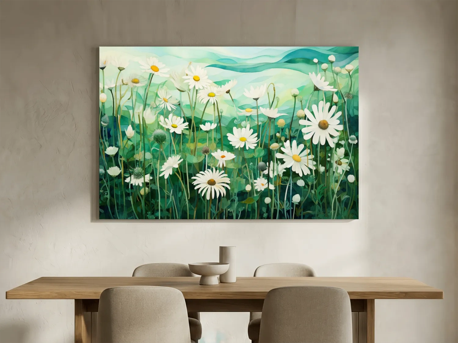 Whimsical Wild Daisy Meadow Landscape - Botanical Watercolor Style Wall Art