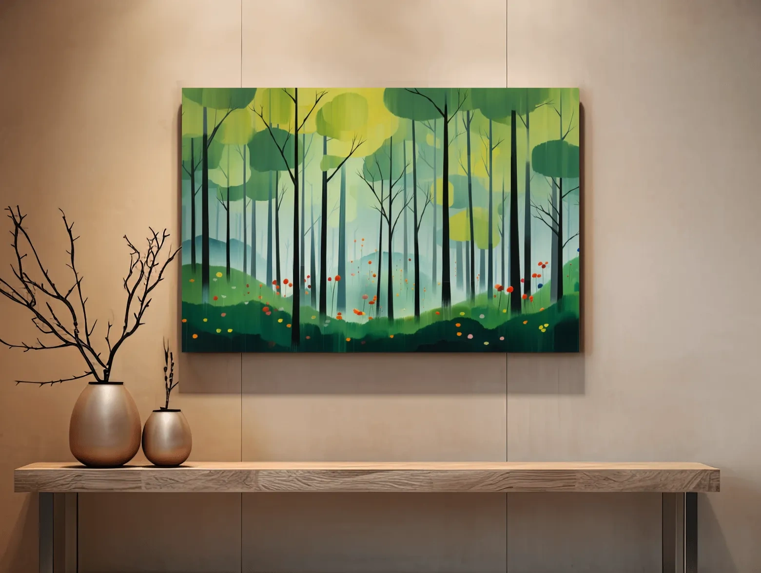 Painting of a bright green forest