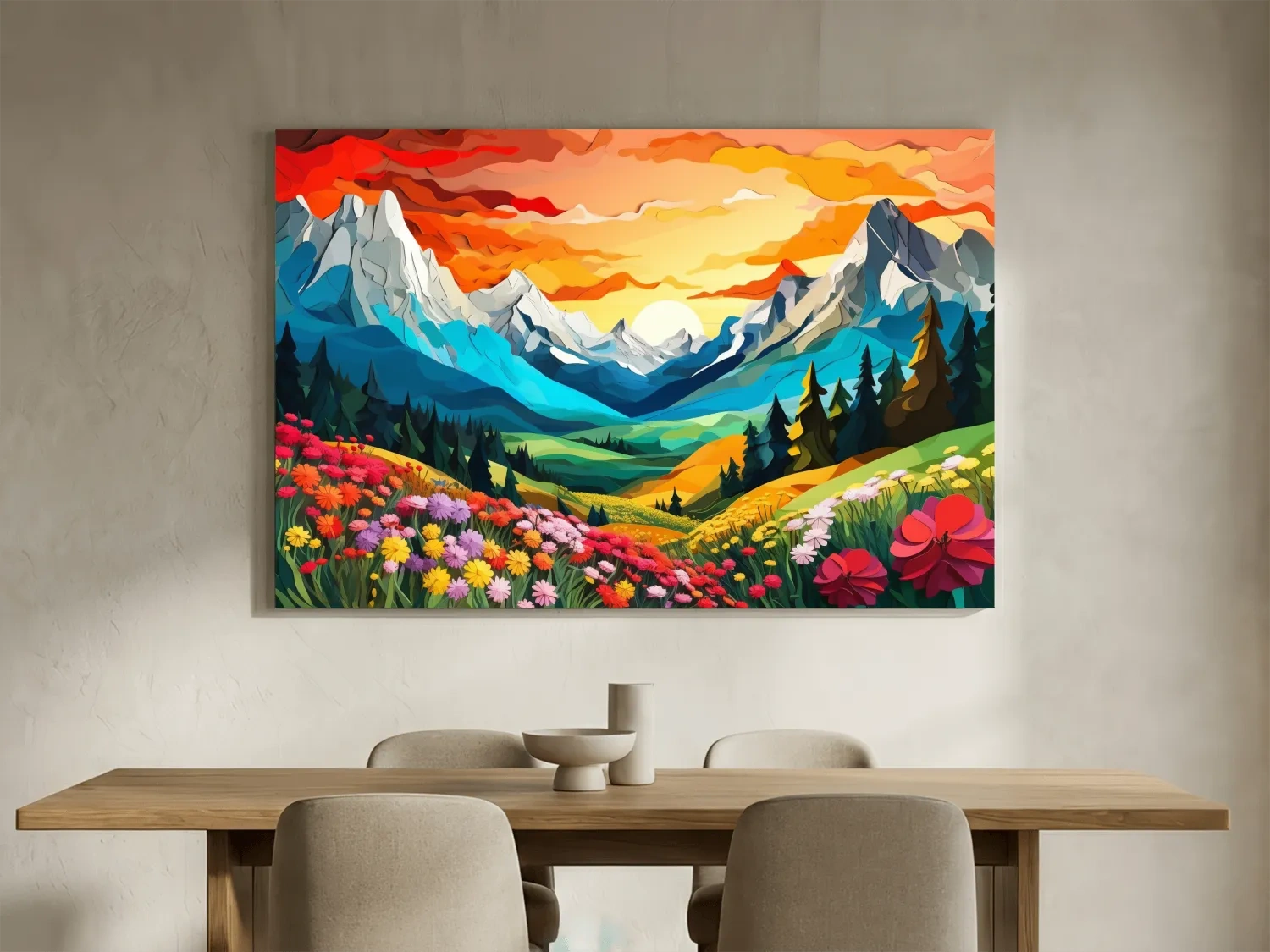 Vibrant Wildflower Mountain Valley Sunset - Colorful Paper Cutout Style Wall Art