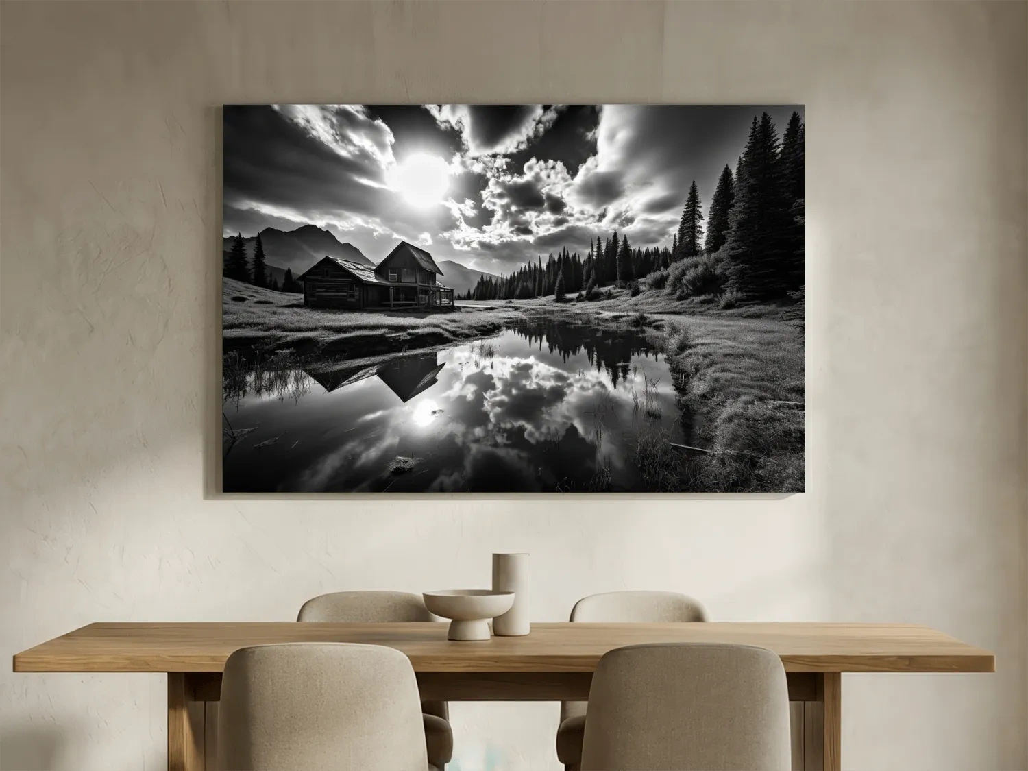 Moody Black And White Mountain Cabin Reflection - Dramatic Alpine Landscape Photography Wall Art