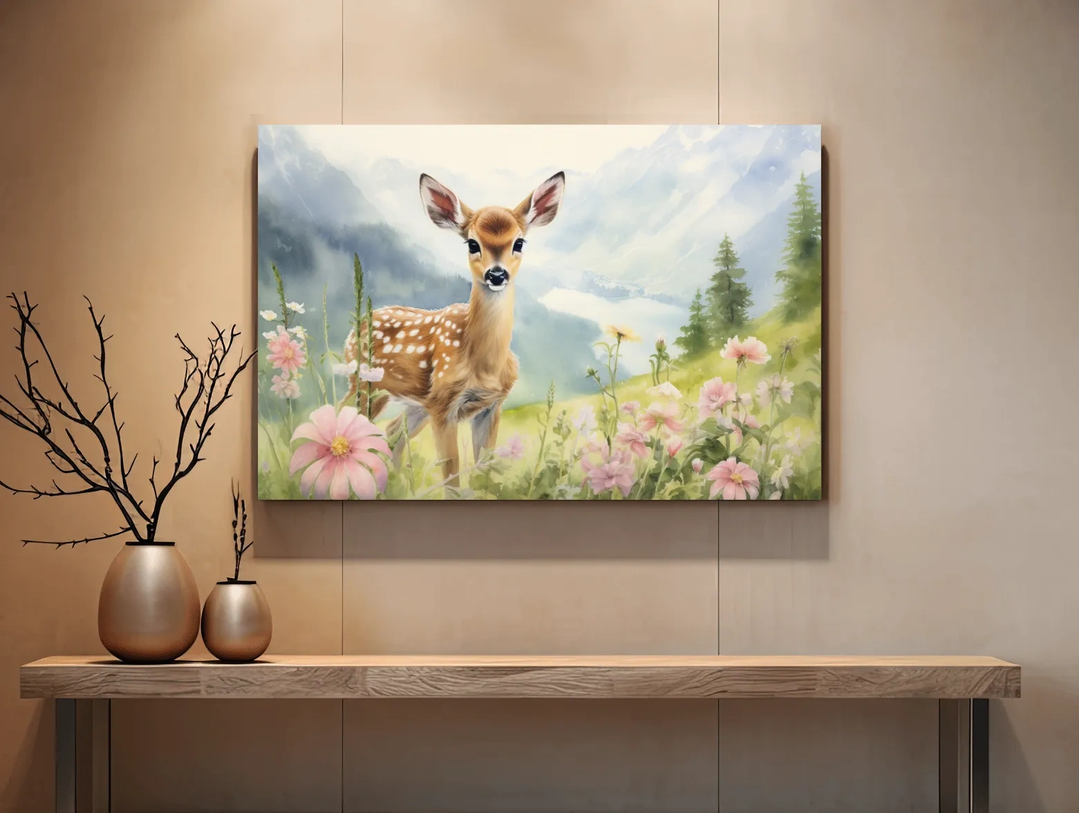 Painting of a deer fawn in the alpine meadows