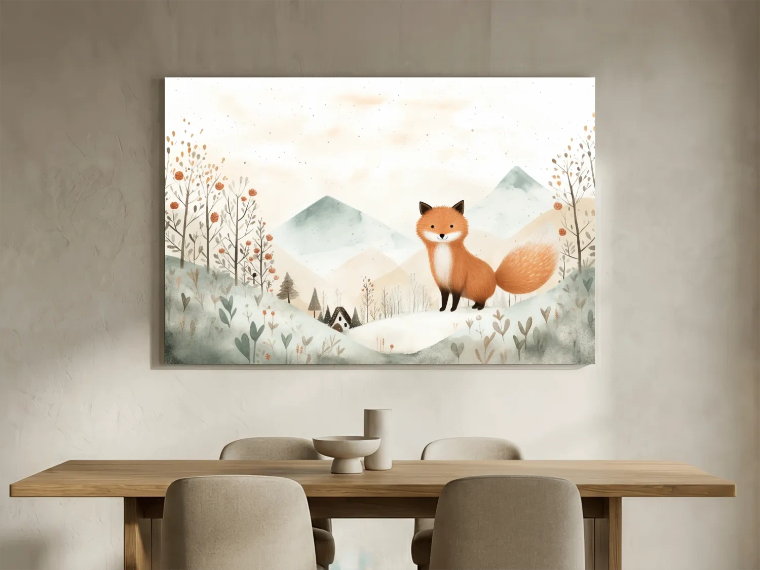 Whimsical Watercolor Fox In Pastel Mountains - Cute Nursery Animal Wall Art