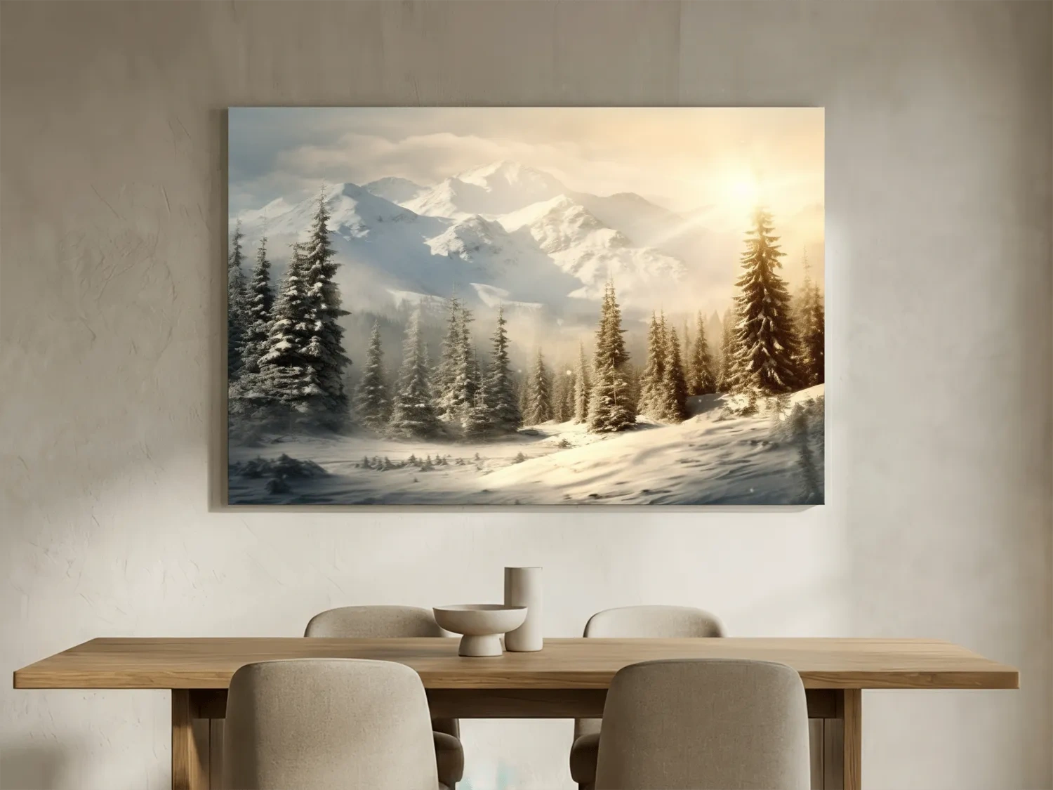 Golden Sunrise Snowy Mountain Landscape - Serene Winter Pine Forest Wall Art