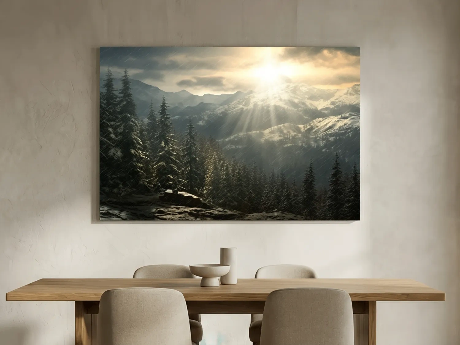 Mountain Snowstorm Sunrise Over Pine Forest - Dramatic Winter Landscape Artwork