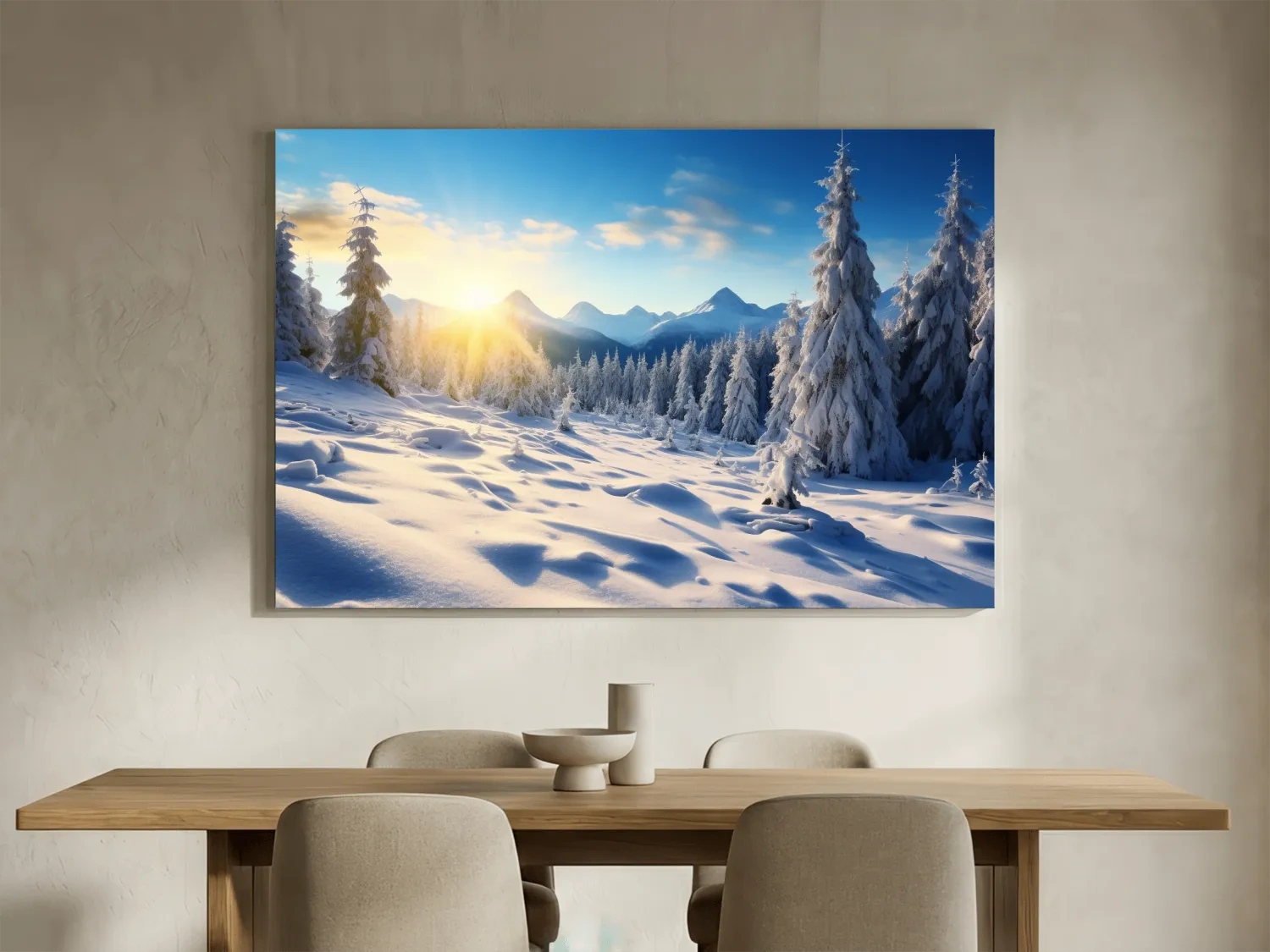 Snowy Sunrise Alpine Forest Landscape - Serene Photographic Nature Wall Art
