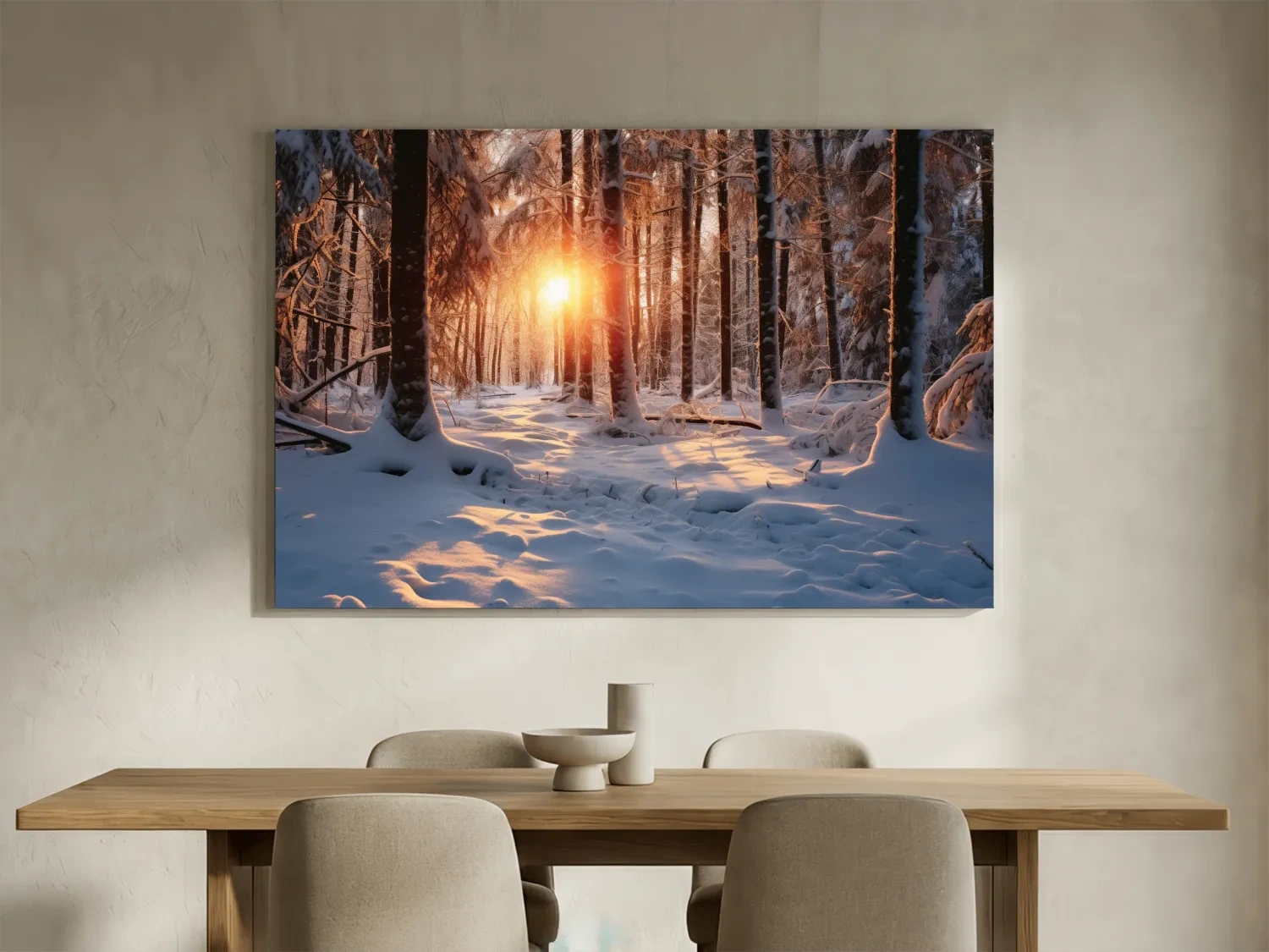 Golden Winter Sunrise Snowy Forest - Serene Nature Landscape Wall Art
