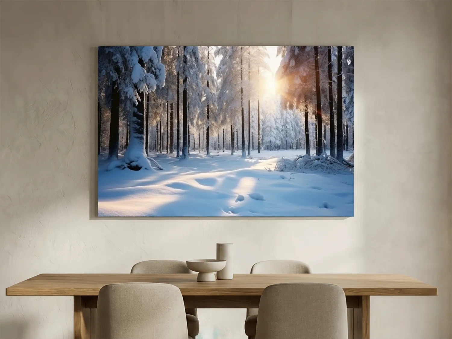 Sunlit Snowy Pine Forest Landscape - Serene Winter Nature Wall Art
