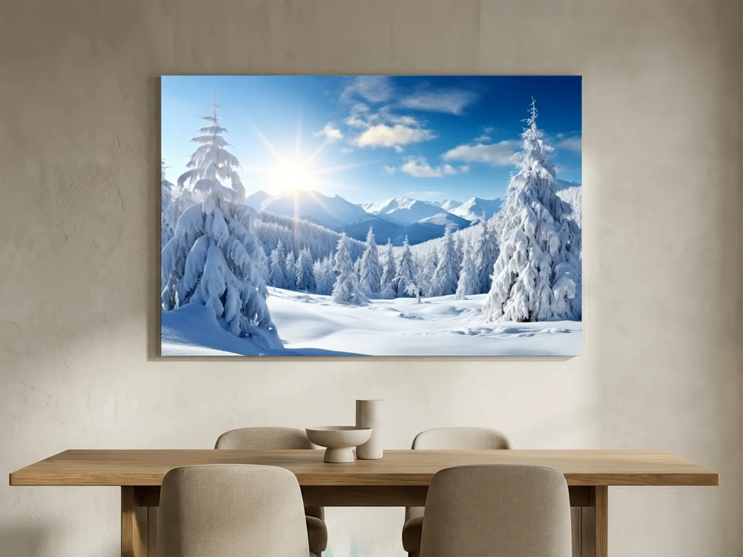 Sunlit Snowy Mountain Winter Landscape - Photographic Alpine Forest Wall Art