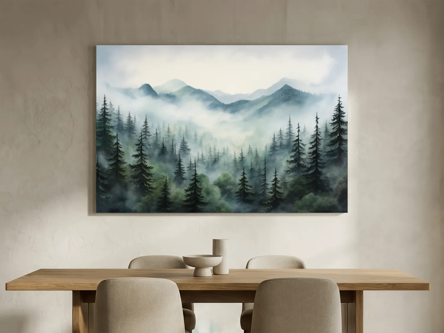 Misty Alpine Forest Painting - Foggy Mountain Landscape Art