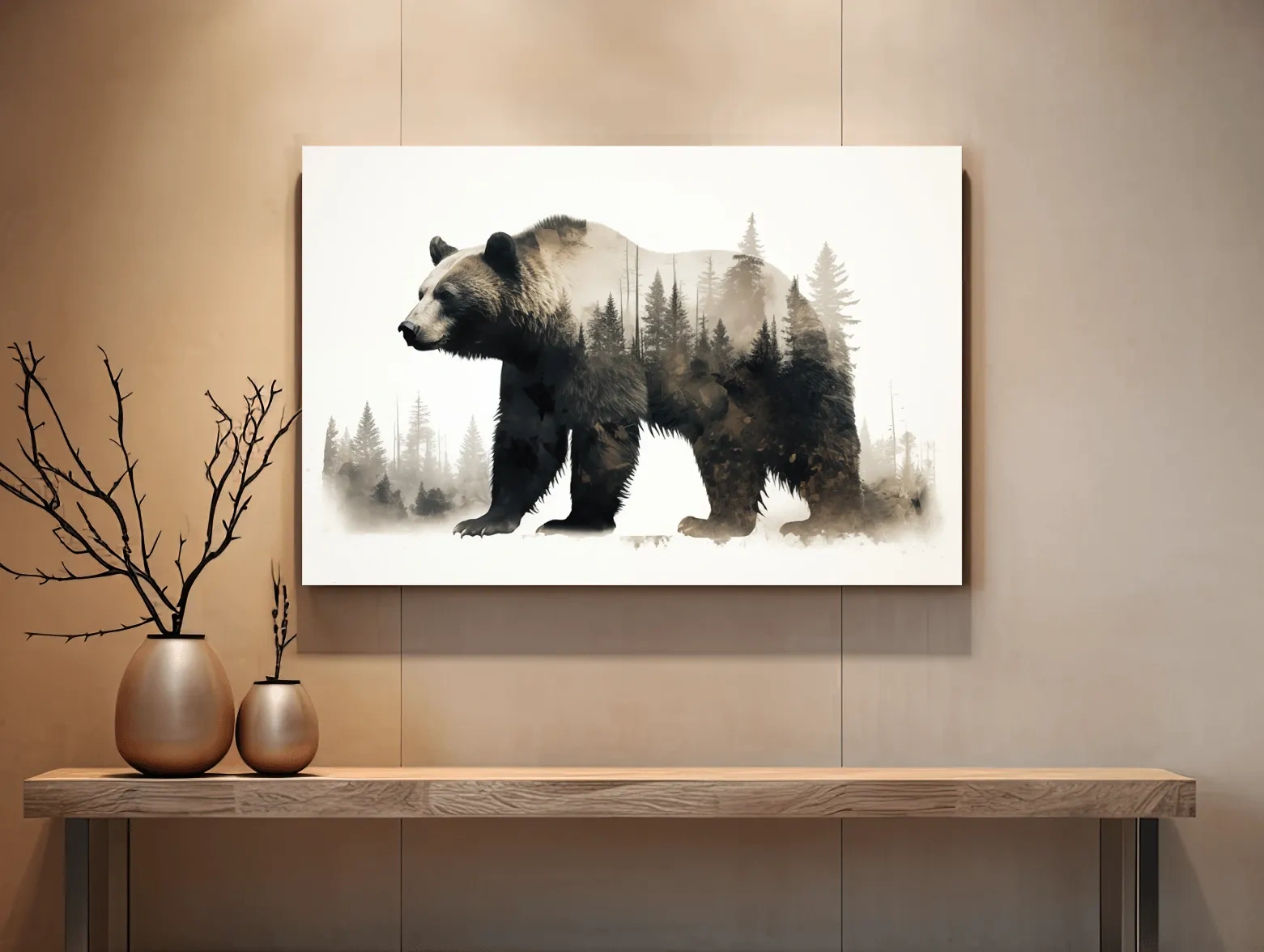 Double exposure artwork, a grizzly bear and a forest