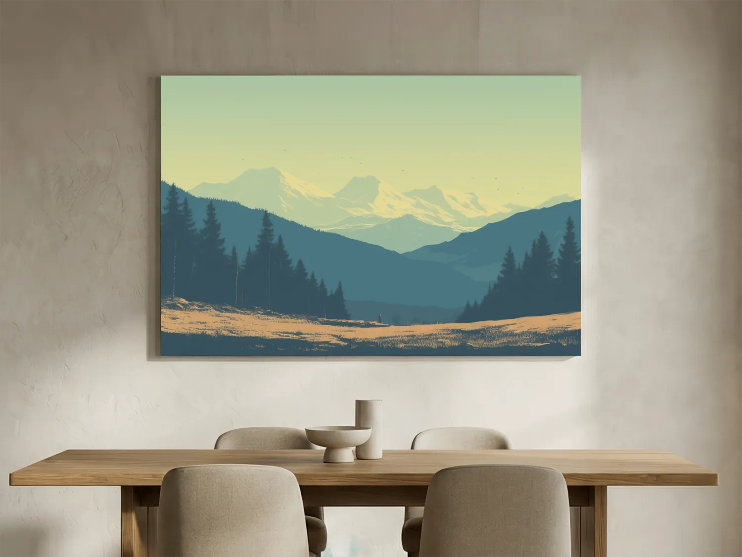 Pacific North West hazy glacier mountain scene, postcard style vector artwork