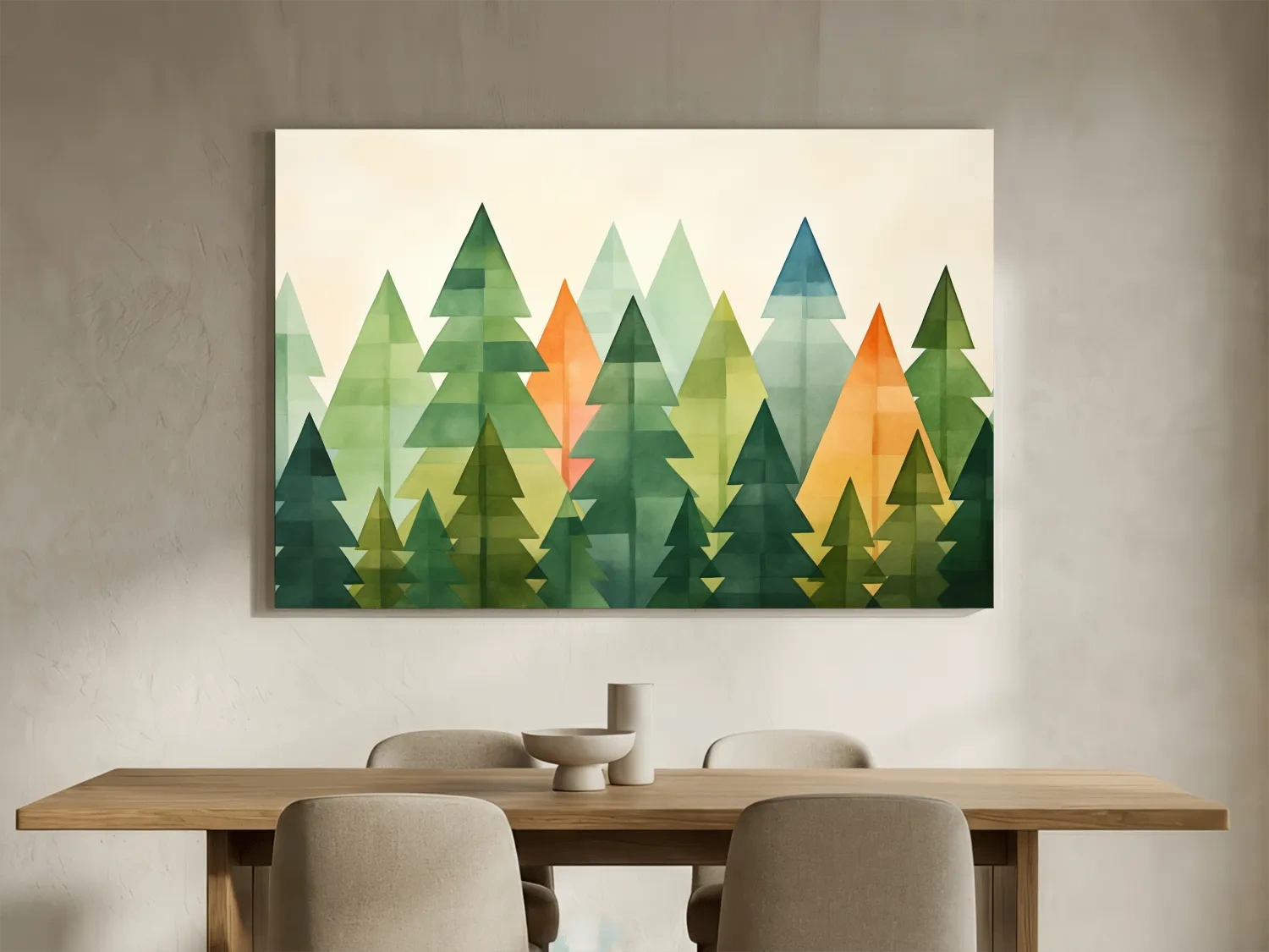 Geometric Watercolor Pine Forest Landscape - Modern Scandinavian Nature Wall Art