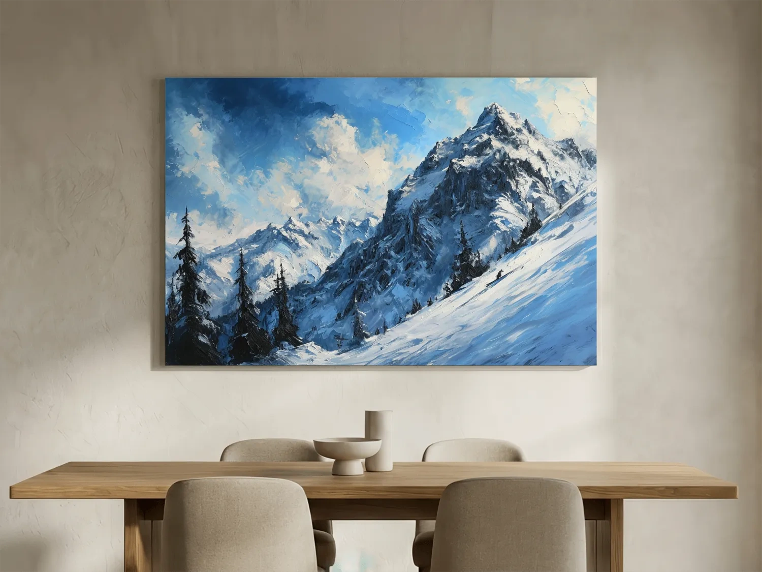 Alpine Snowy Peak Oil Painting - Moody Mountain Landscape Wall Art