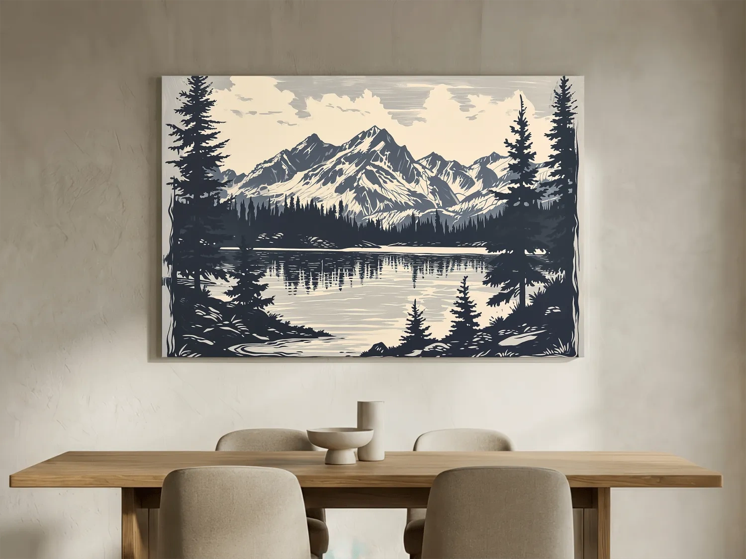 Vintage Alpine Lake Mountain Illustration - Monochrome Linocut Style Artwork