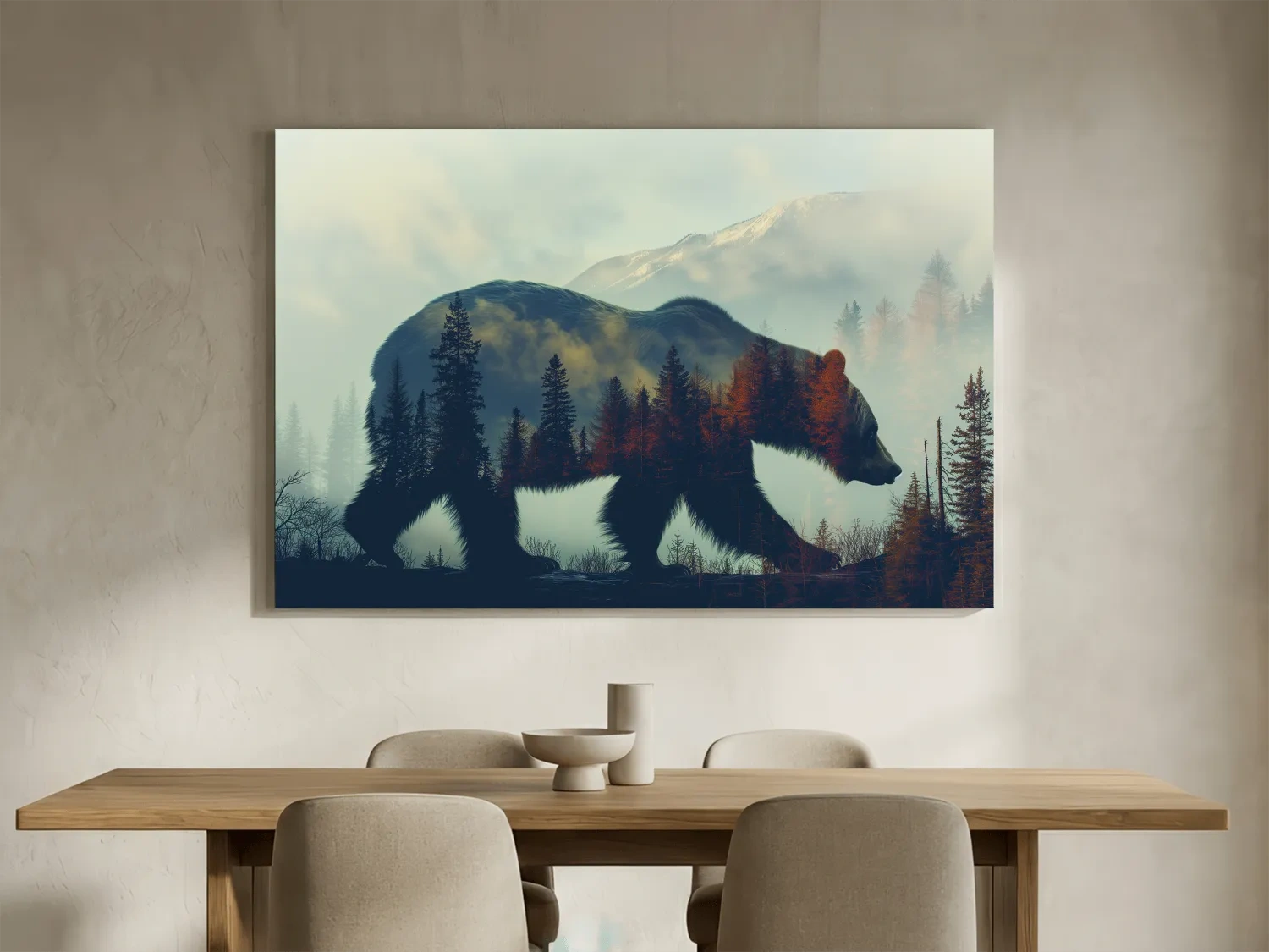 Moody Double Exposure Grizzly Bear Silhouette - Misty Pine Forest Mountain Wall Art