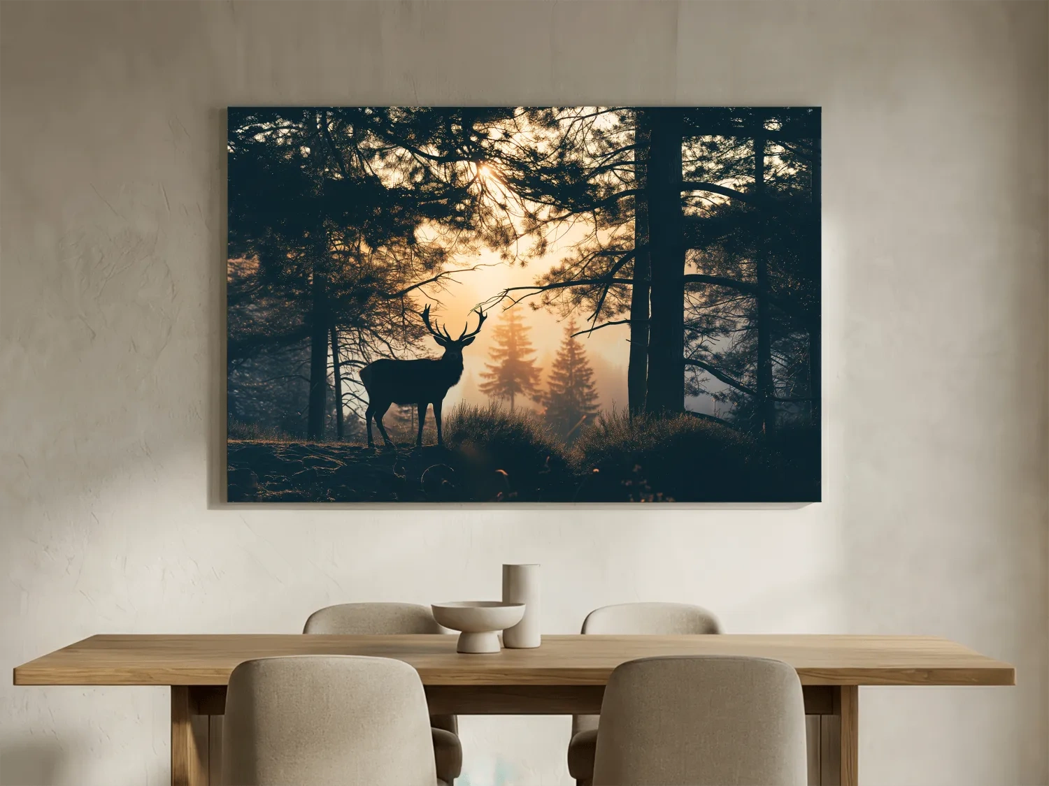 Moody Deer Silhouette In Misty Pine Forest - Golden Sunrise Wildlife Wall Art