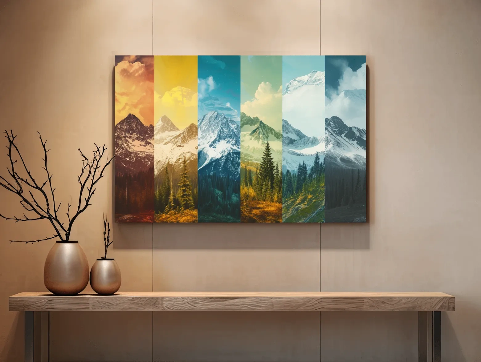 Changing of seasons, alpine forest and glacier art, split panel artwork