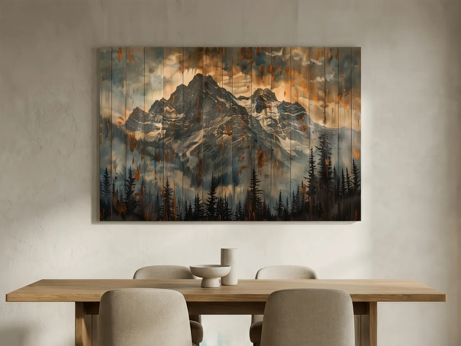 Rustic Mountain Range Painting - Alpine Forest Wood Panel Wall Art