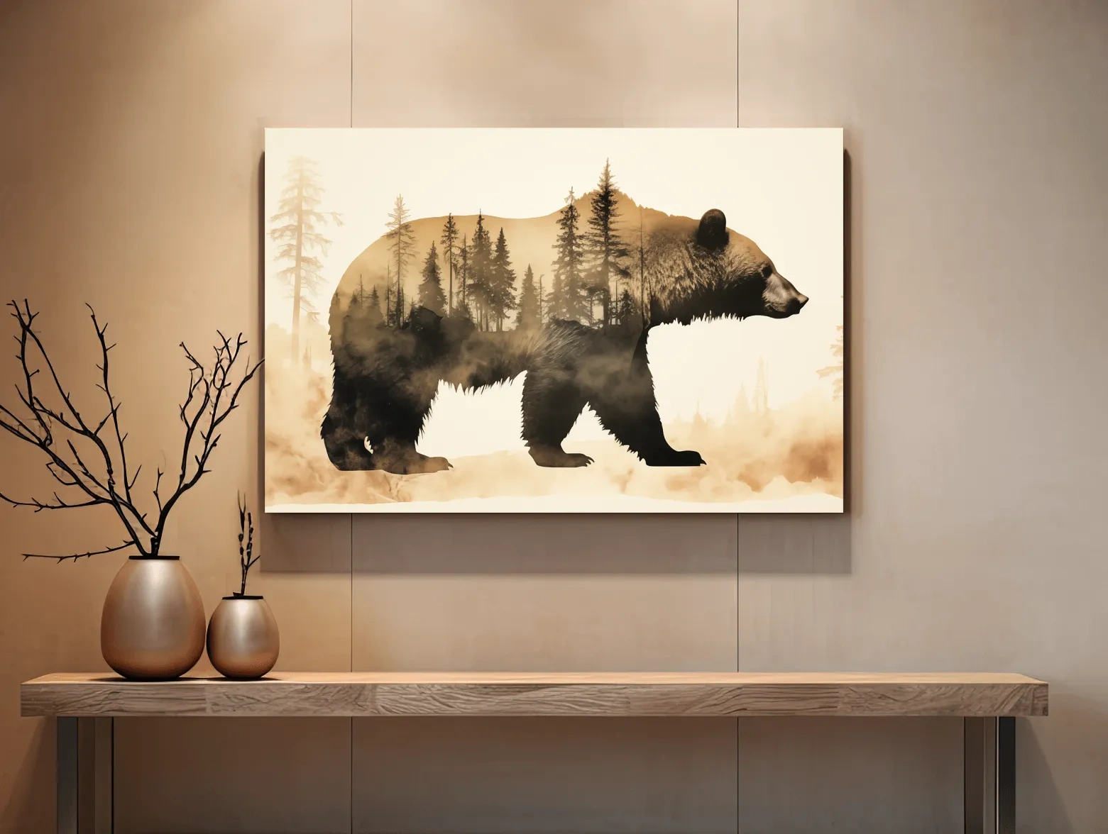 Double Exposure Grizzly Bear Forest Silhouette - Misty Wilderness Nature Artwork