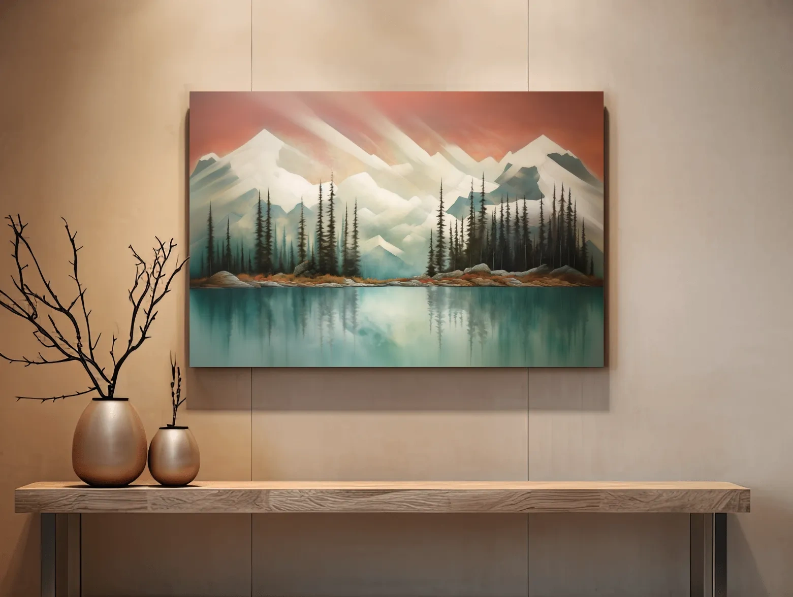 Abstract Alpine Lake Landscape Painting - Serene Pine Forest Mountain Wall Art
