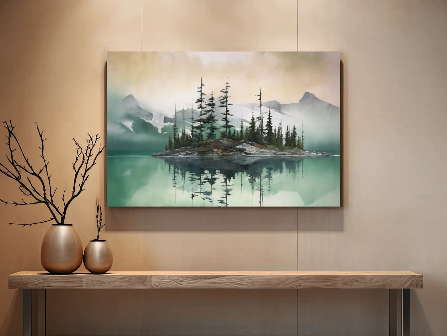 Misty Turquoise Alpine Lake Reflection - Serene Watercolor Mountain Landscape Wall Art