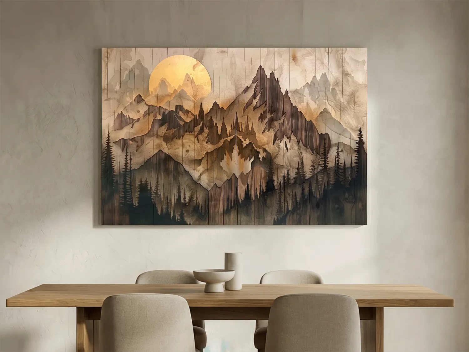 Rustic Sepia Mountain Sunrise Landscape - Vintage Wood Grain Watercolor Artwork