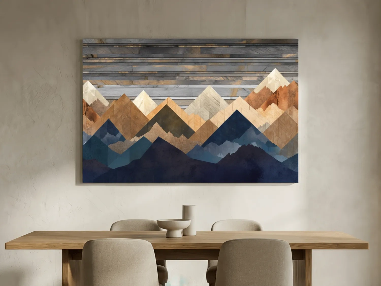 Geometric Layered Mountain Peaks - Rustic Wood Texture Abstract Wall Art