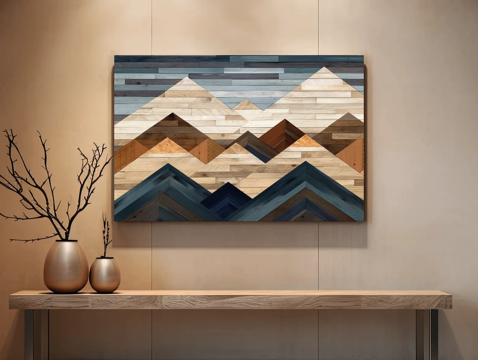 Geometric Reclaimed Wood Mountain Peaks - Modern Rustic Landscape Artwork