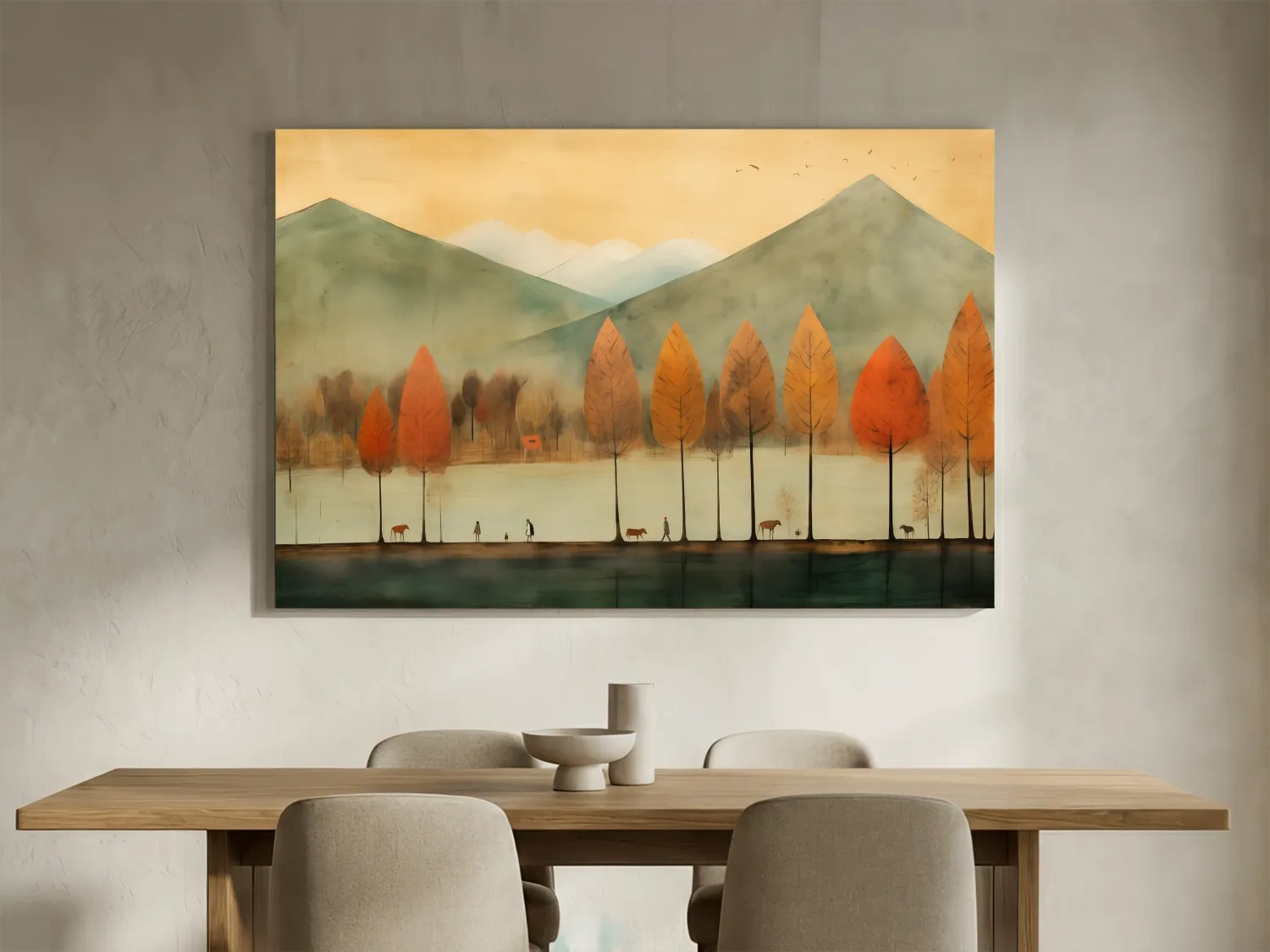 Autumn Tree Lined Lake Landscape - Quirky Watercolor Style Wall Art
