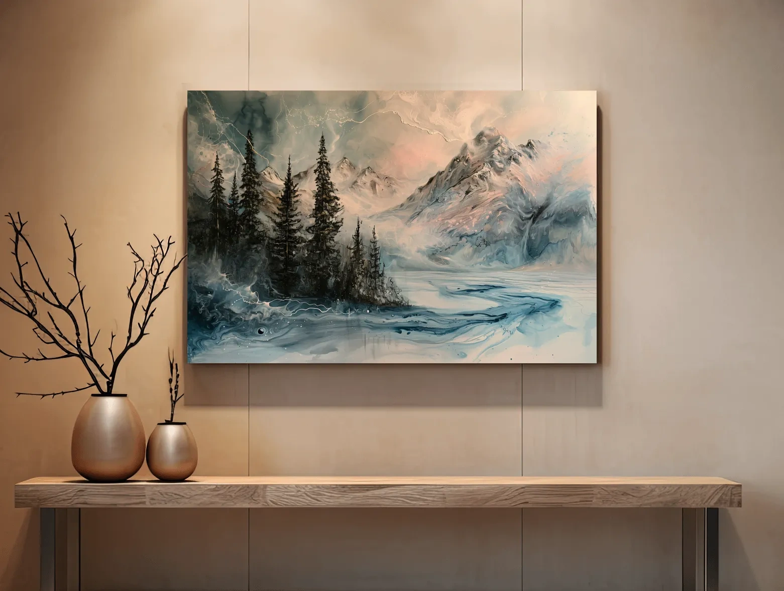 Ethereal Mountain Lake Alpine Forest - Moody Abstract Alcohol Ink Wall Art