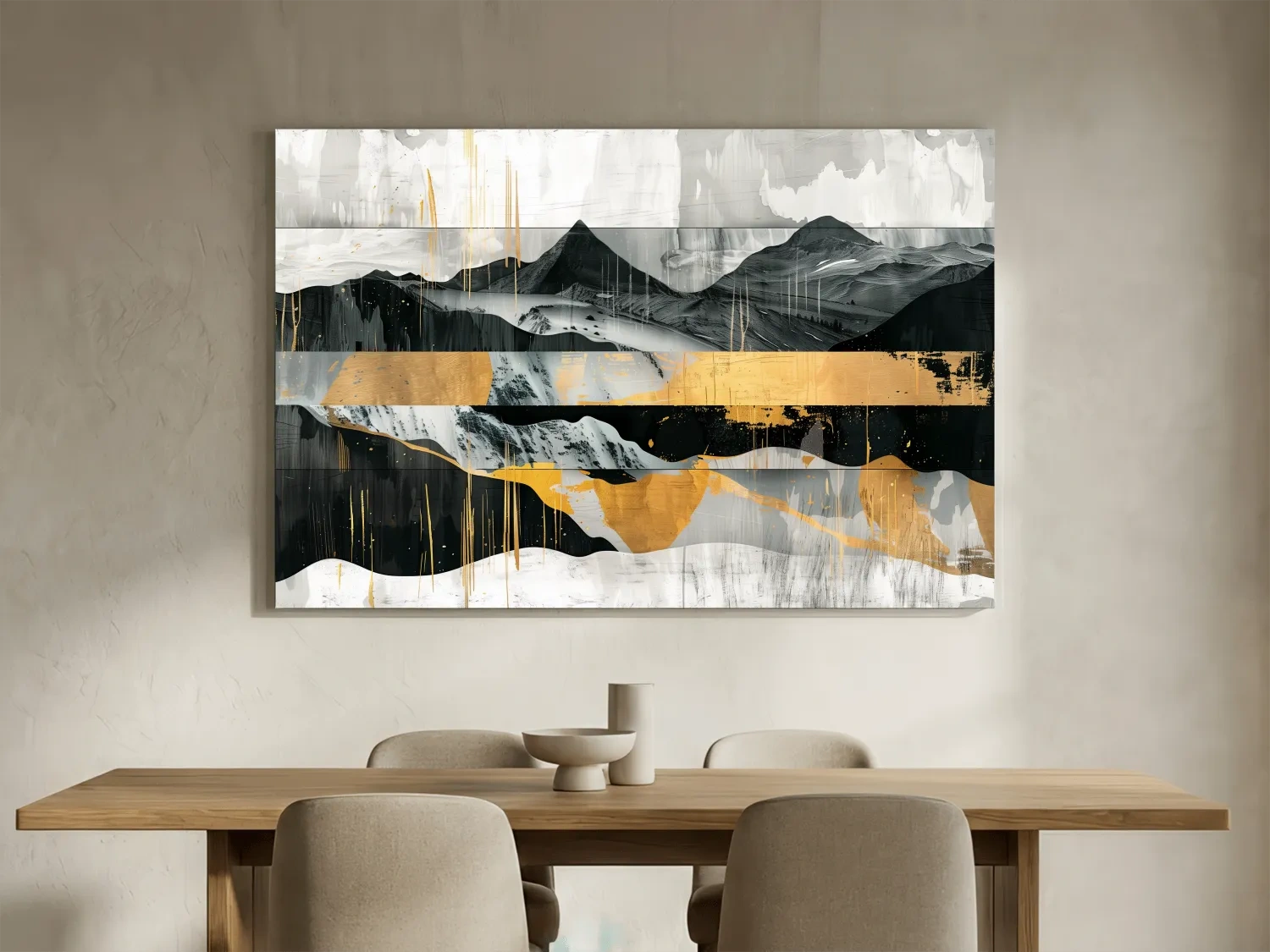 Abstract Monochrome Mountain Range With Gold Accents - Modern Mixed Media Landscape Wall Art