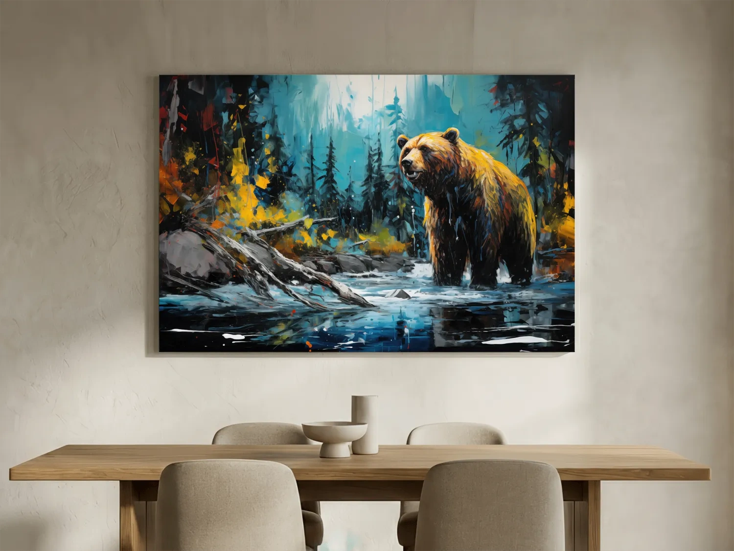 Grizzly Bear Forest River Painting - Vibrant Wildlife Nature Wall Art