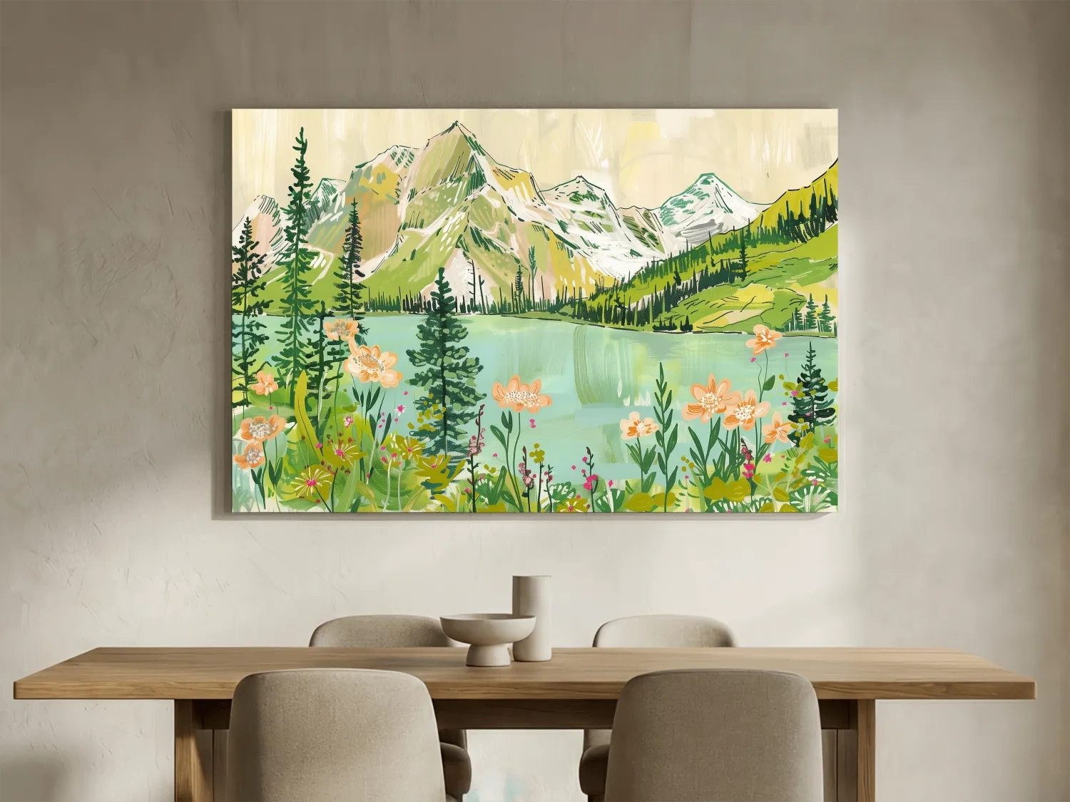 Whimsical Alpine Lake Wildflower Stylized Painting - Mountain Meadows Wall Art
