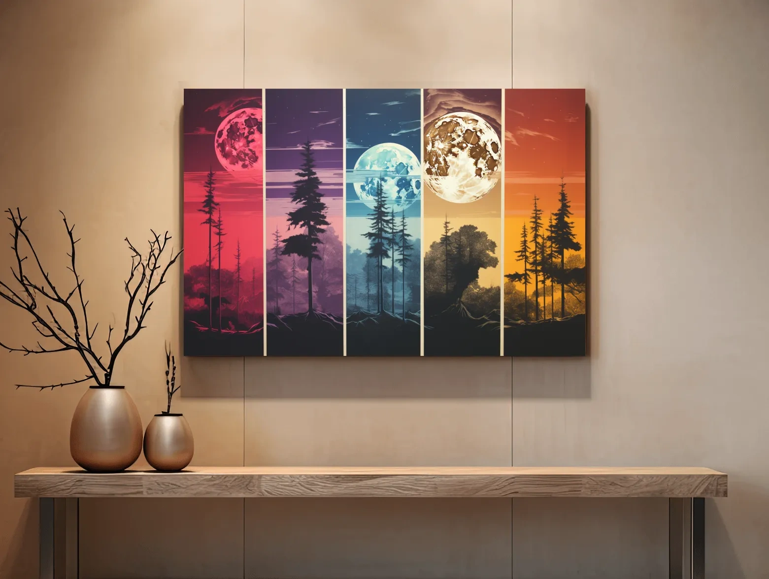 Multipanel colorful treeline under the moonlit sky, risograph style artwork