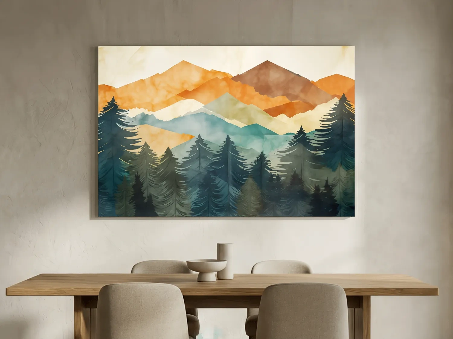 Serene Landscape Painting - Abstract Watercolour Forest & Mountains