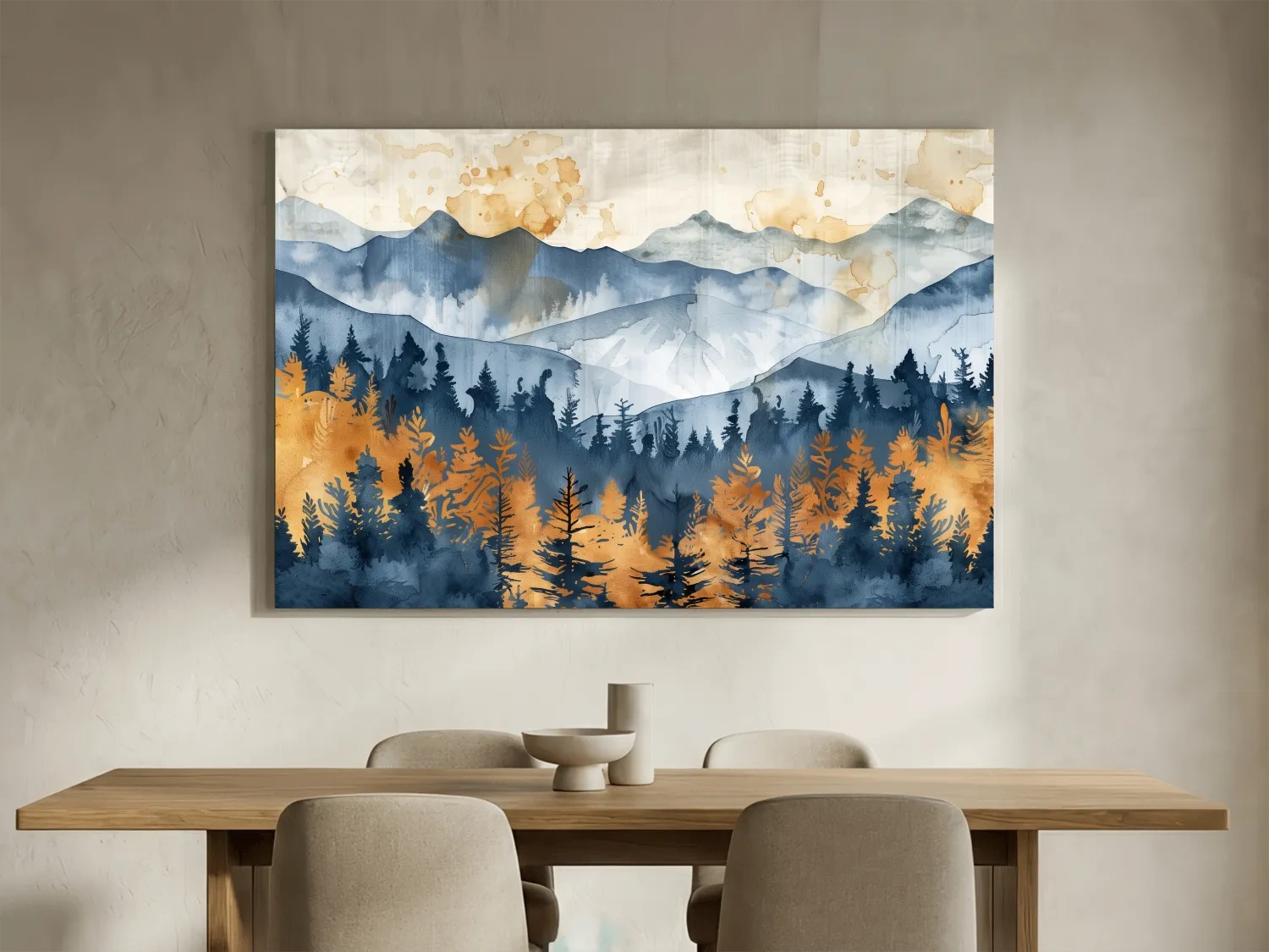 Watercolor Mountain Forest Landscape - Abstract Golden Autumn Pines Wall Art