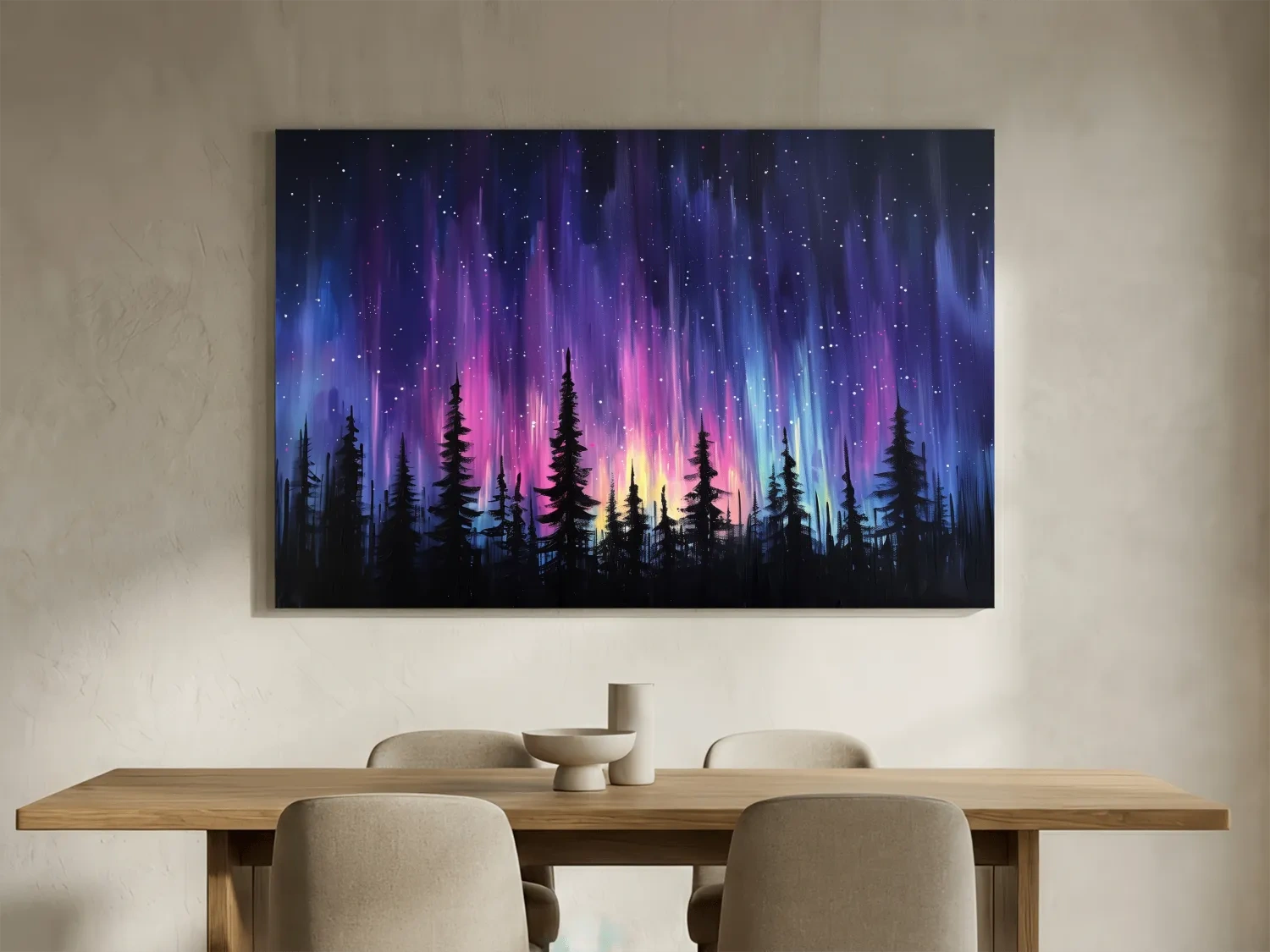 Vibrant Purple Northern Lights & Silhouetted Pine Forest - Aurora Borealis Painting Wall Art
