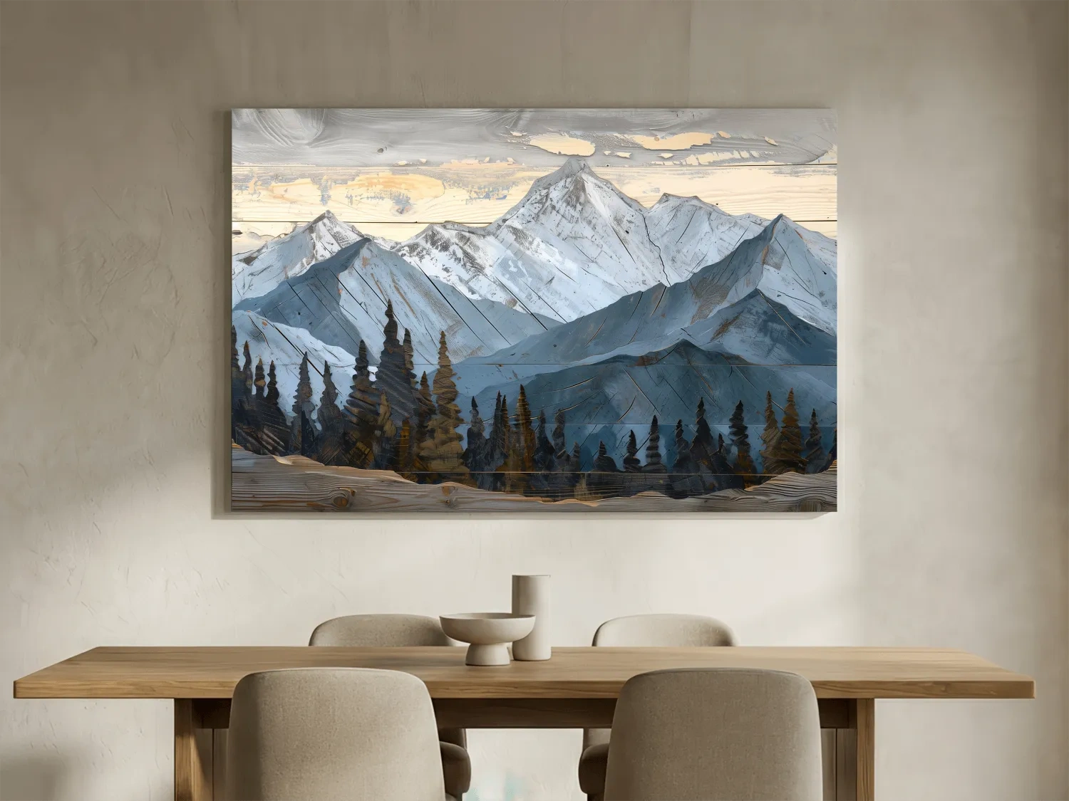 Alpine Forest Mountain Range Artwork - Rustic Woodgrain Landscape Wall Art
