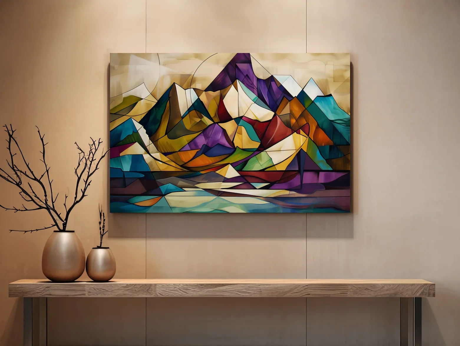 Vibrant Leadlight Style Mountain Range Painting - Abstract Colorful Stained Glass Wall Art