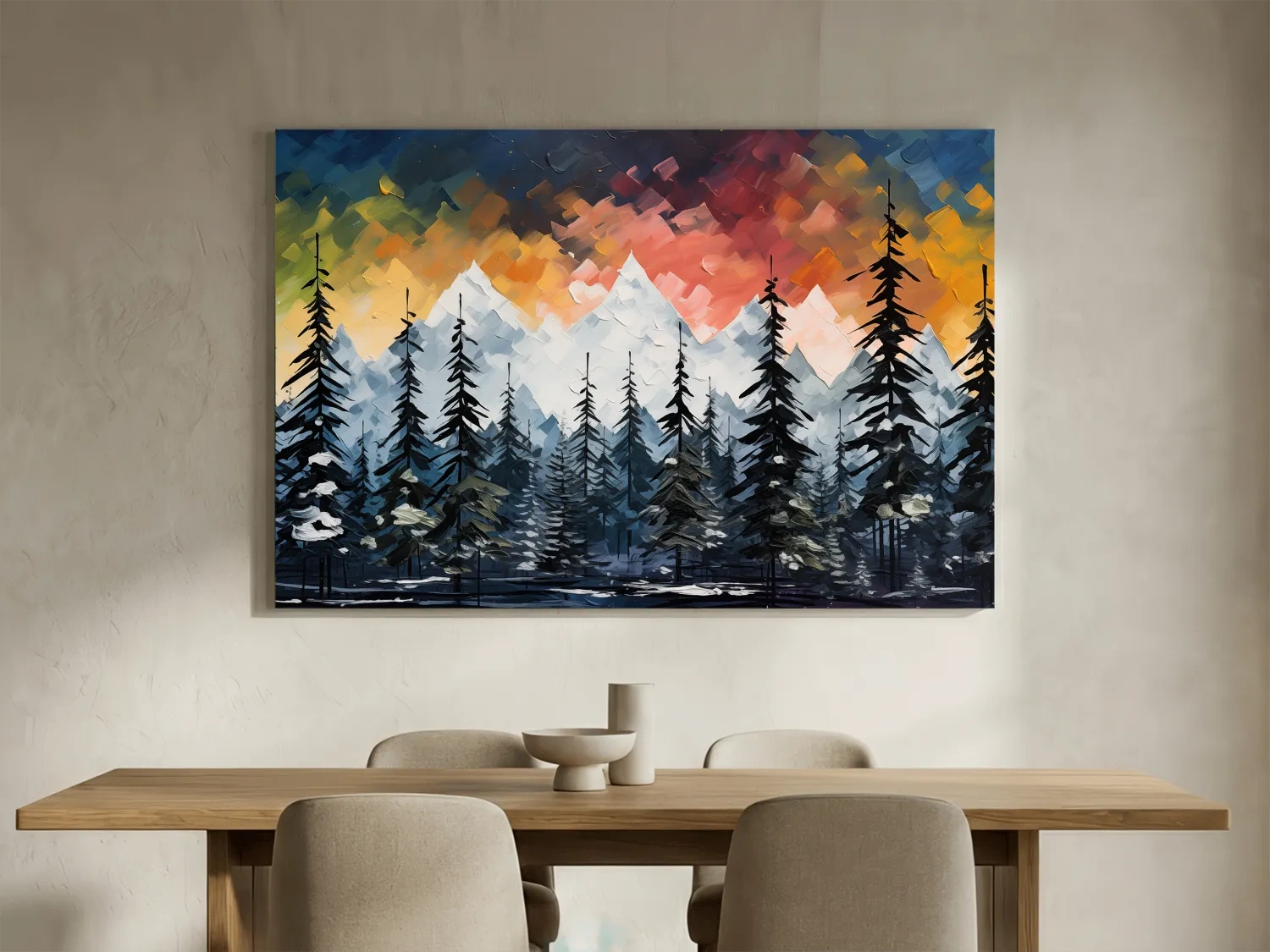 Moody Alpine Mountain Sunset With Pine Forest - Palette Knife Painting Style Landscape Art