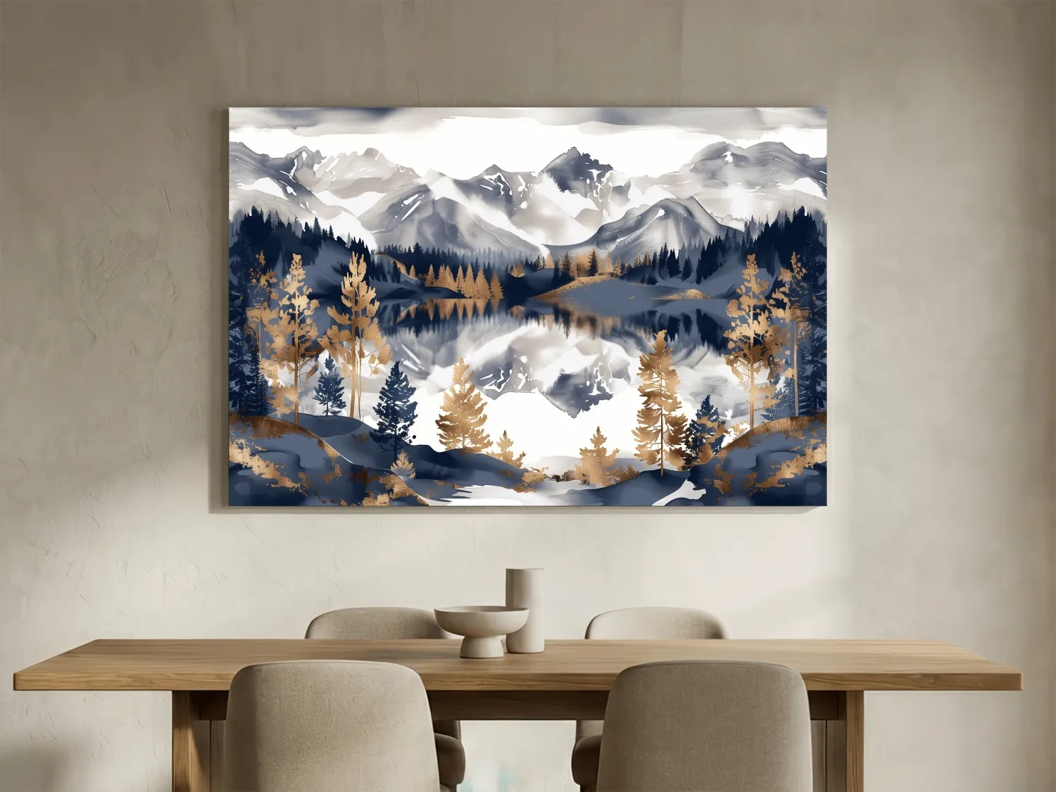 Gold Leaf Style Watercolor Alpine Lake Reflection - Mountain Landscape Artwork