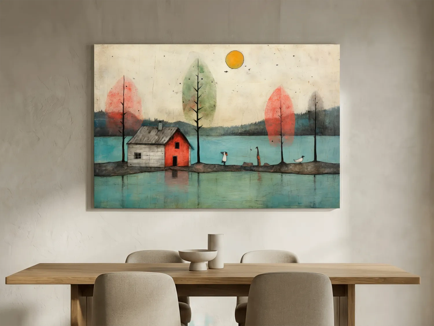 Whimsical Lakeside Cabin Illustration - Rustic Folk Landscape Wall Art
