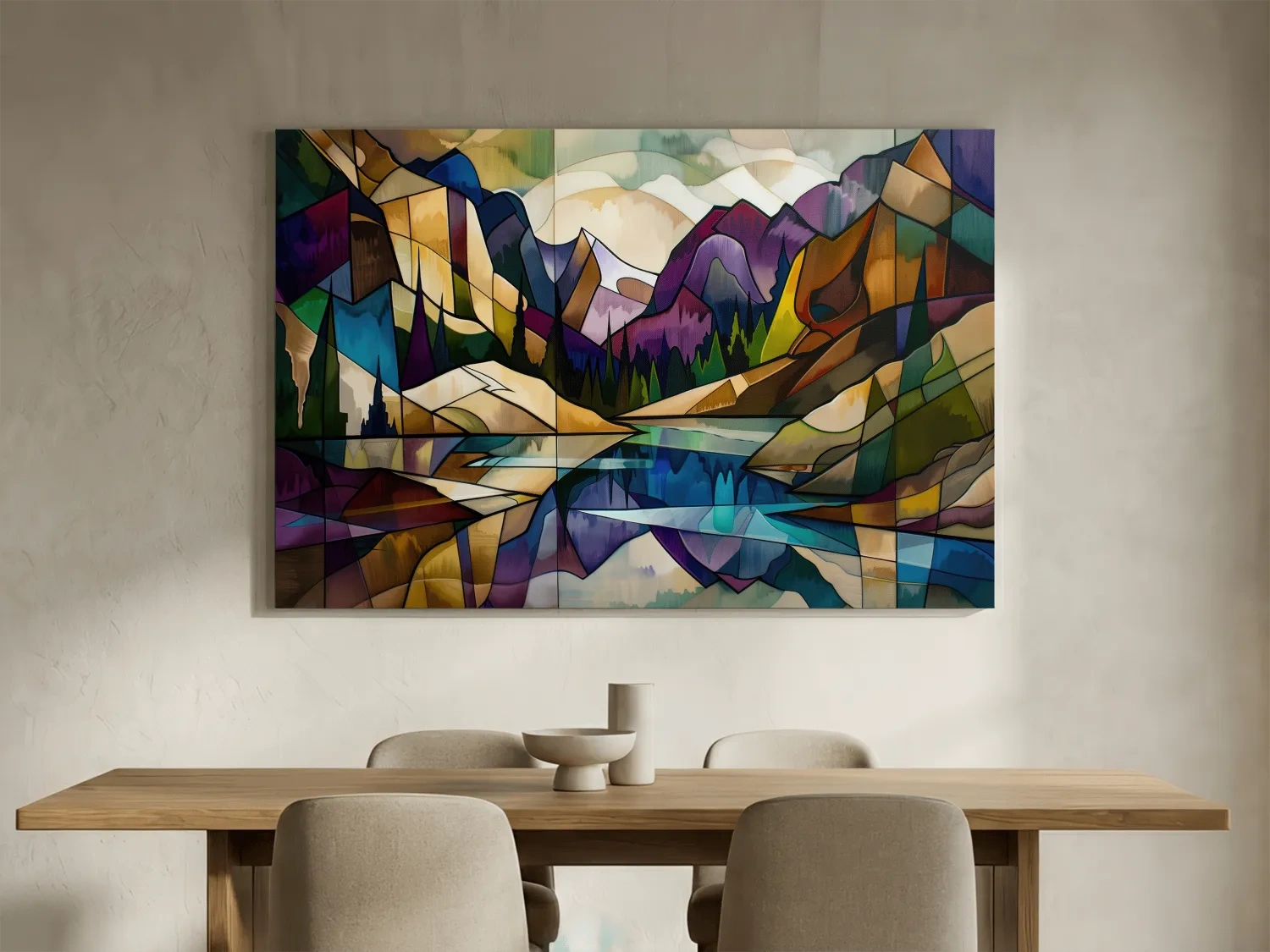Abstract Stained Glass Mountain Lake Landscape - Colorful Geometric Alpine Wall Art