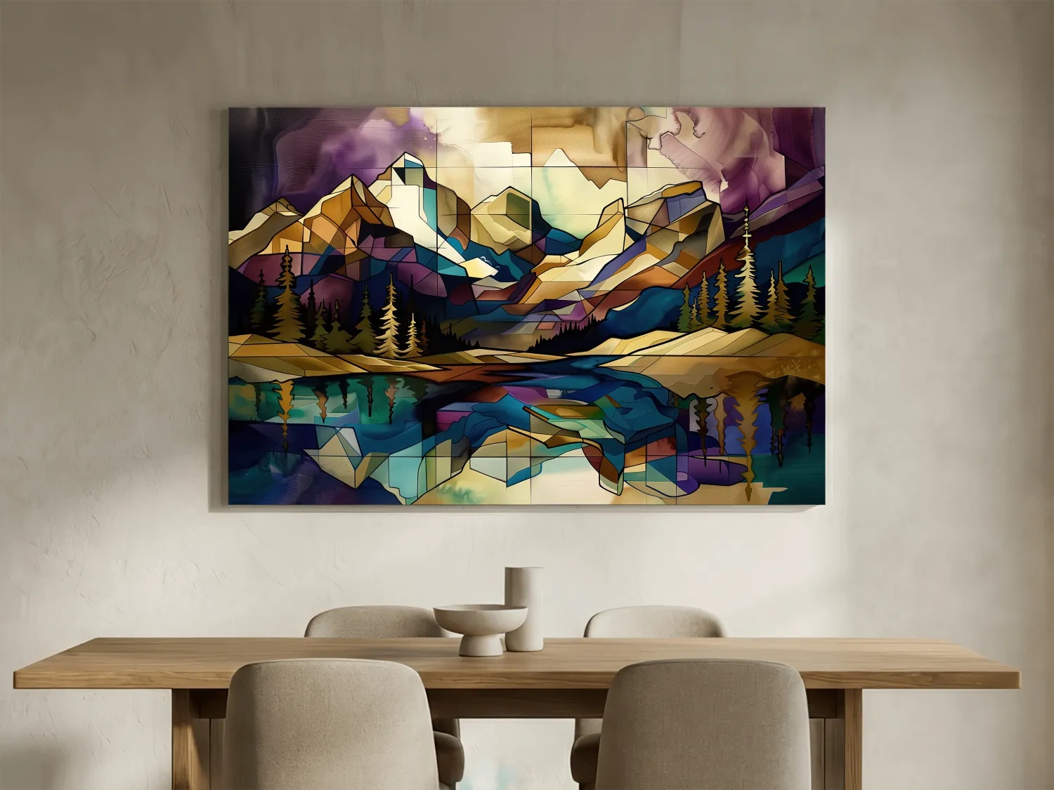 Geometric Stained Glass Mountain Lake Reflection - Colorful Abstract Landscape Artwork