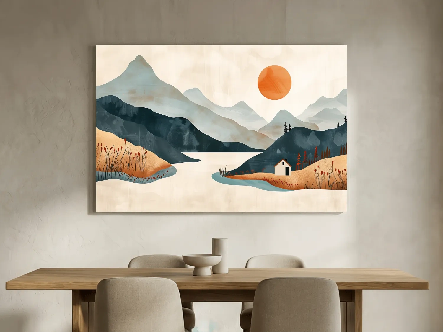 Minimalist Mountain Sunset Lake Cabin Illustration - Modern Scandinavian Wall Art