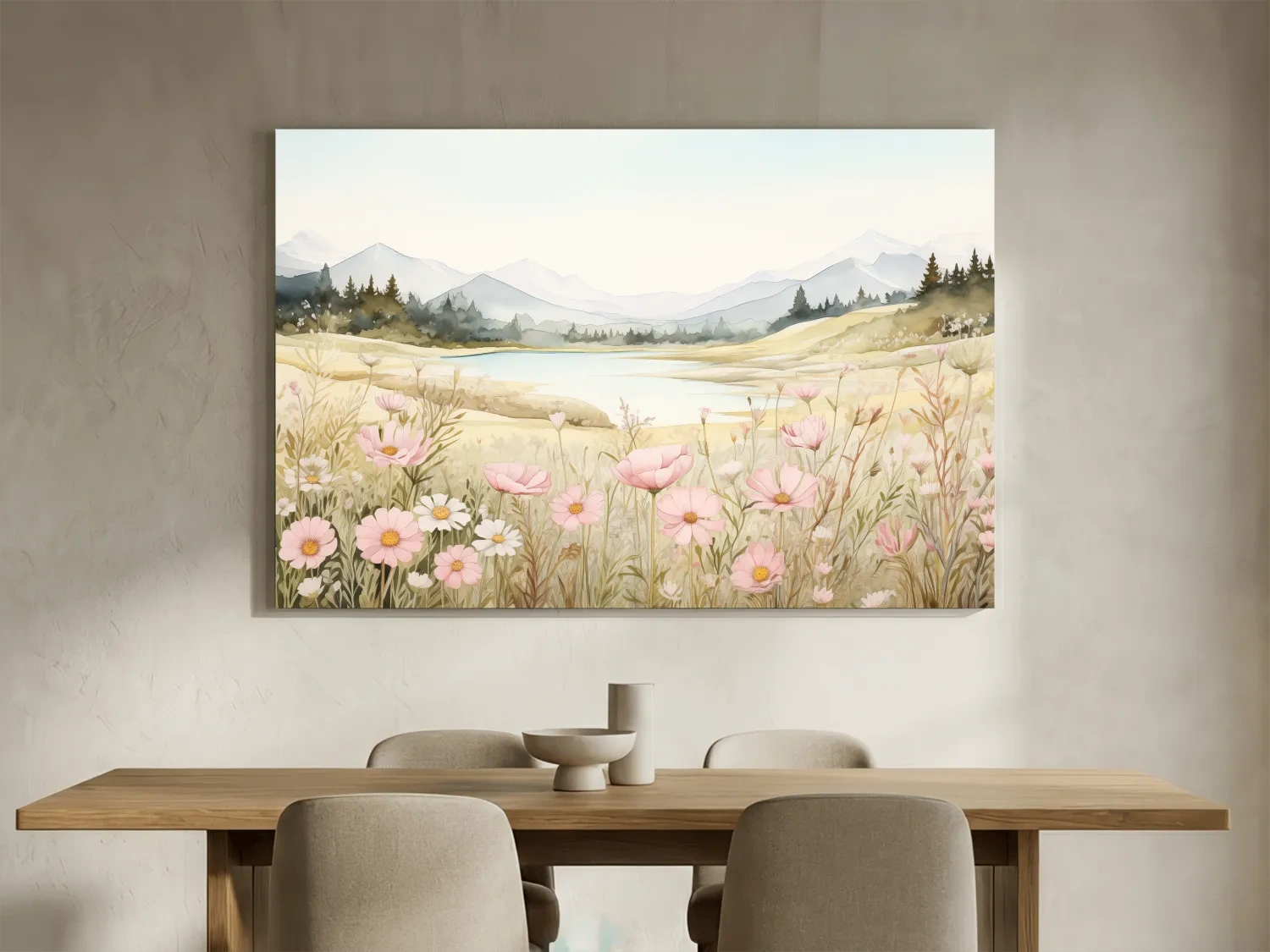 Soft Watercolor Wildflower Meadow Landscape - Serene Pastel Alpine Wall Art