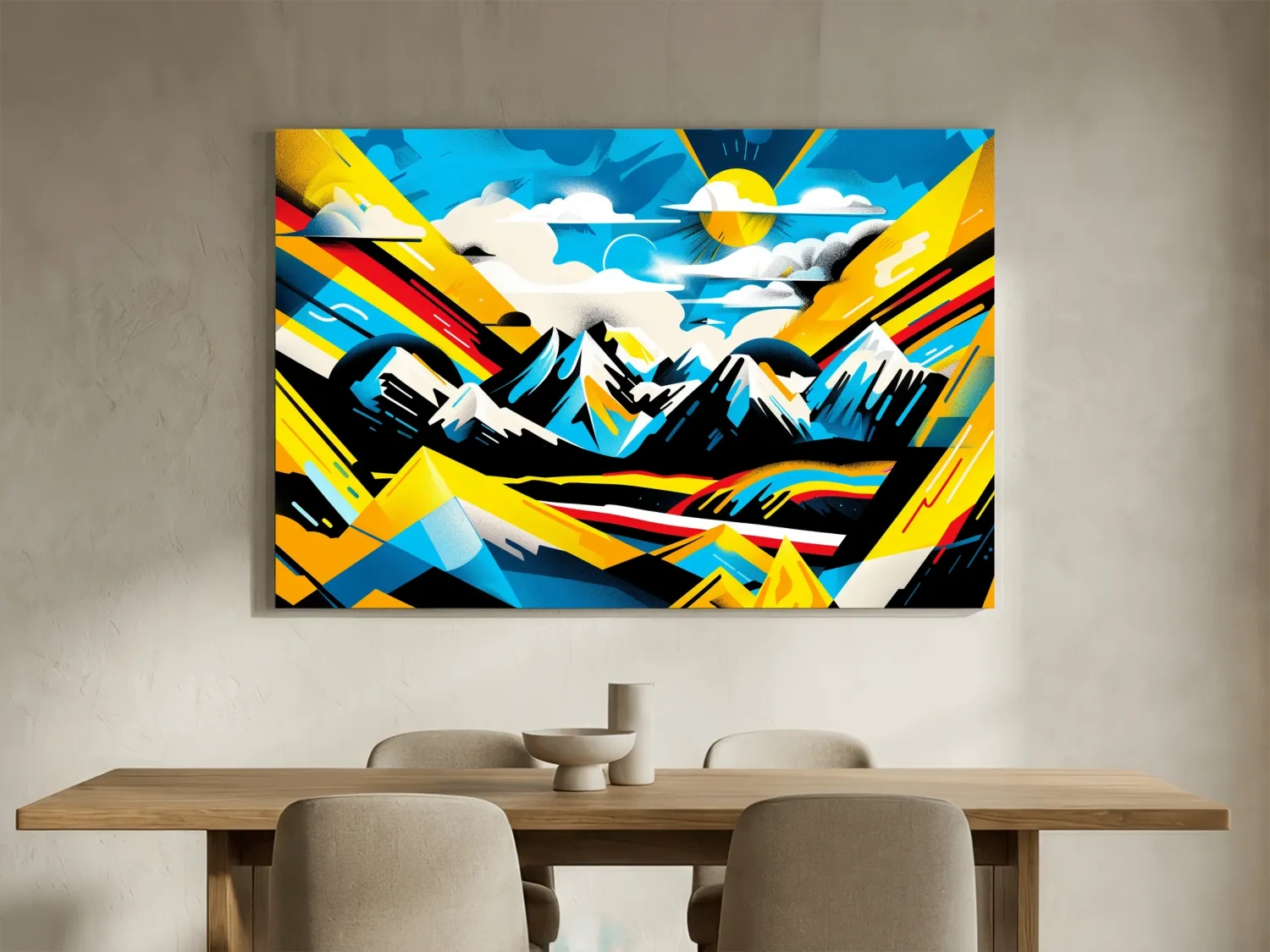 Vibrant Colorful Mountain Sunrise Illustration - Graffiti Style Landscape Wall Art